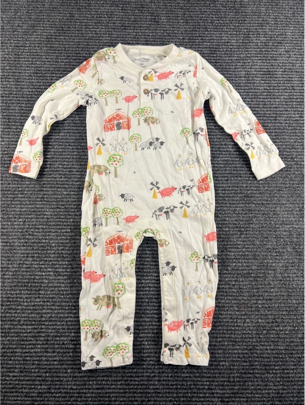 Burt's Bees Baby 12M Organic Cotton Farm Animal Print long sleeve one piece